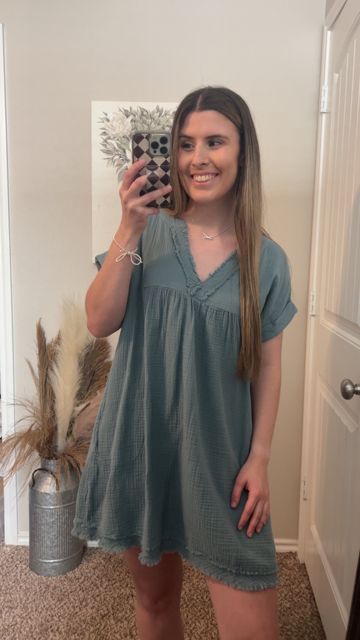 Blue Raw Edge V-Neck Dress