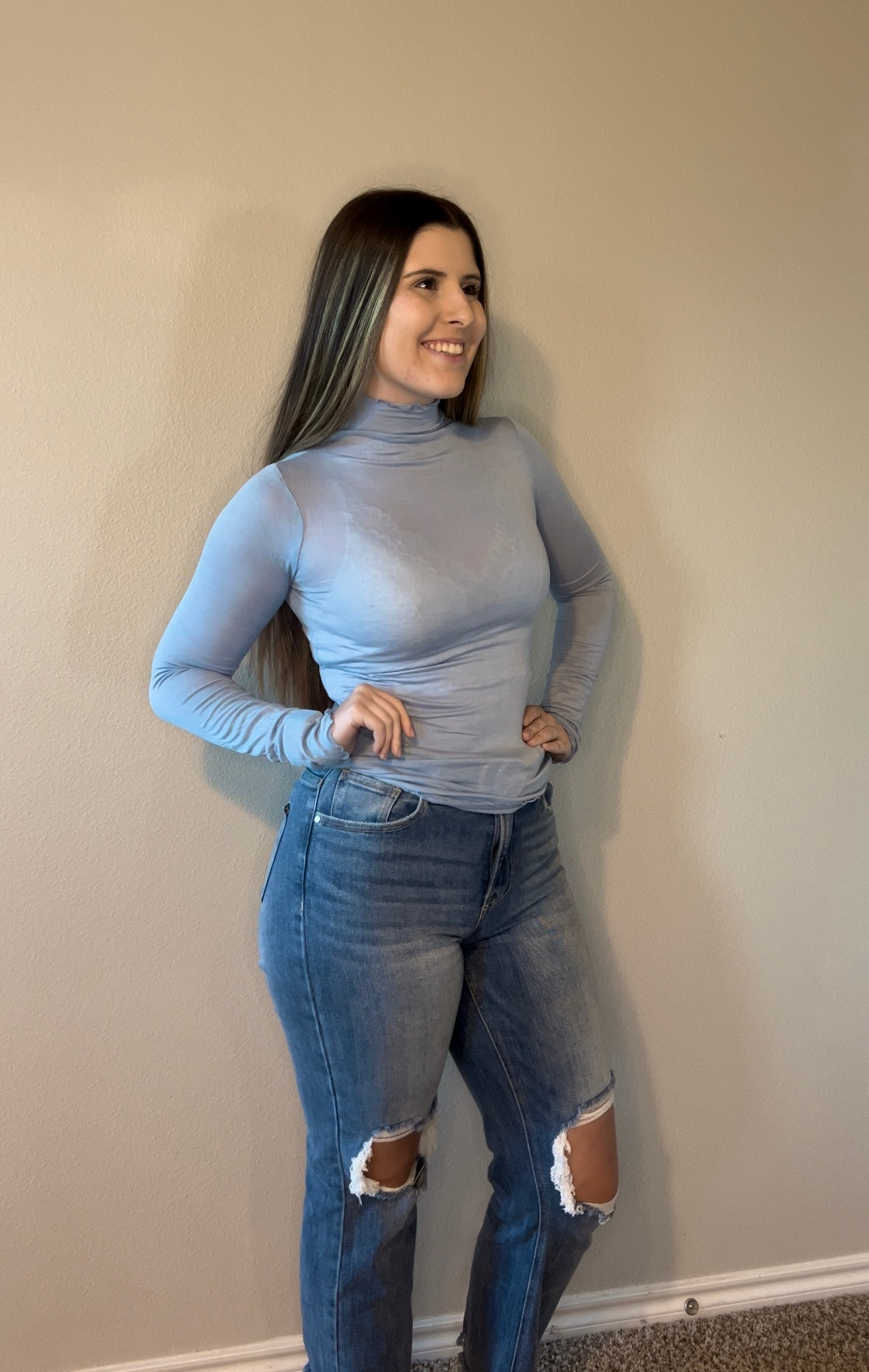 Blue Mock Neck Layering Top