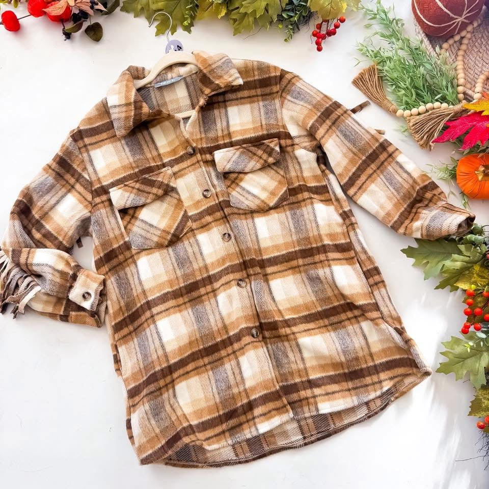 Brown Plaid Fringe Shacket