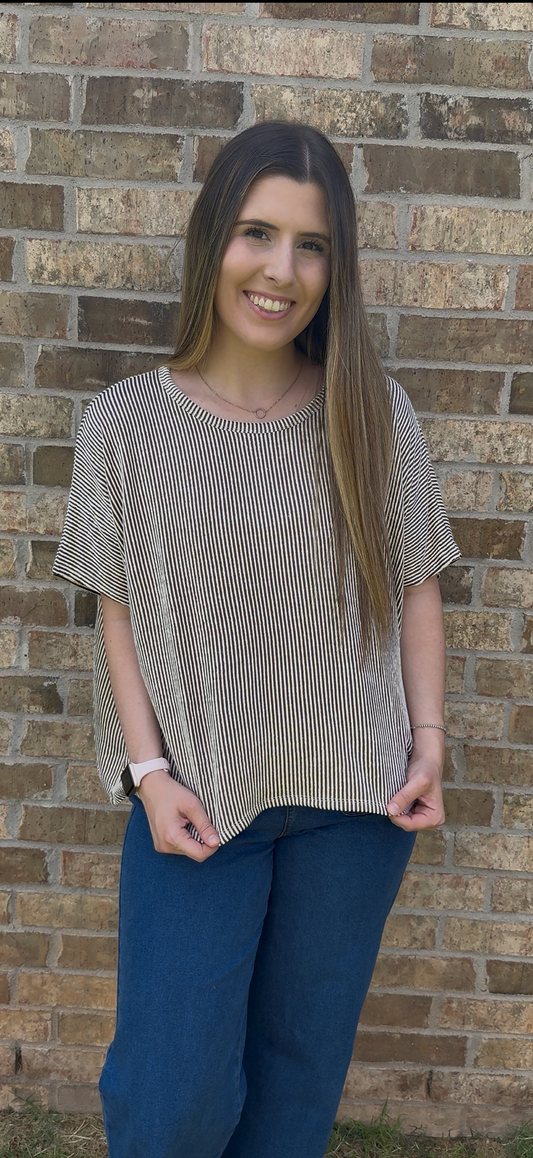 Brown Ribbed Oversized Short Sleeve Top