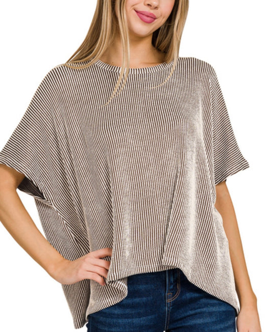 Brown Ribbed Oversized Short Sleeve Top