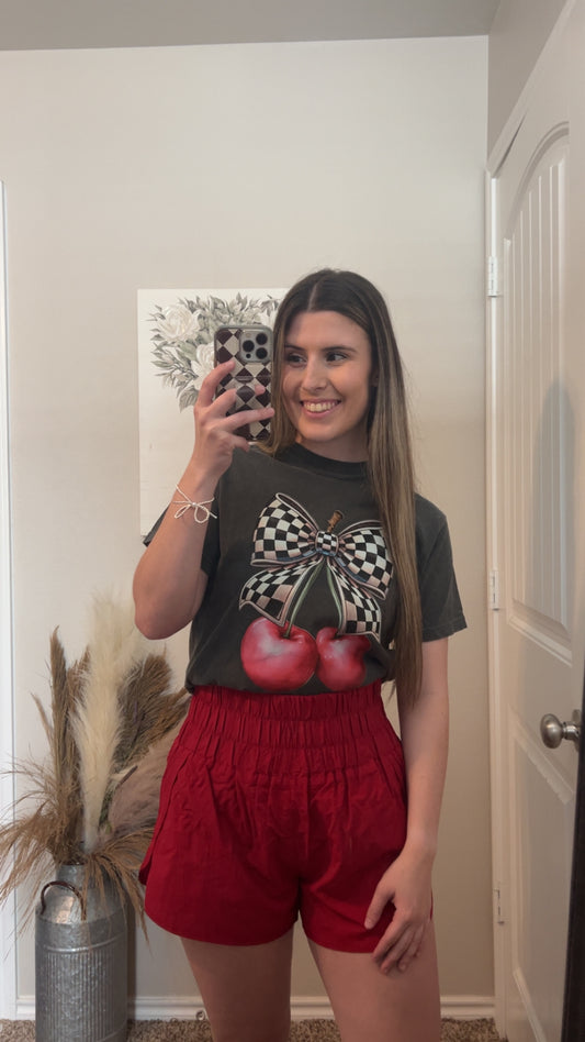 Red Smocked Waistband Shorts
