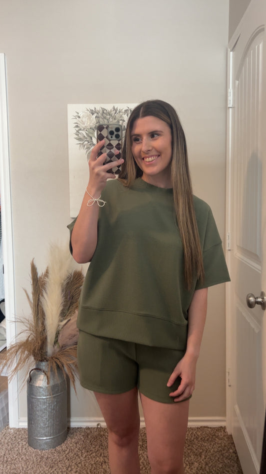 Olive Ribbed Tee & Shorts Set