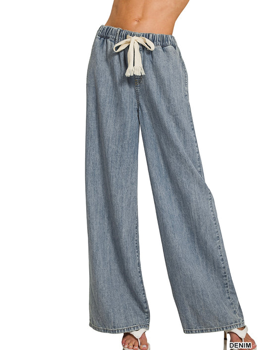 Wide Leg Drawstring Denim Pants