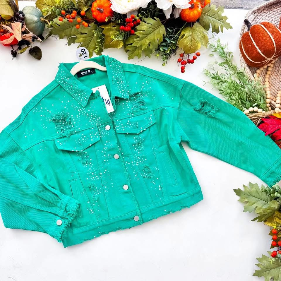 Green Rhinestone Distressed Denim Jacket