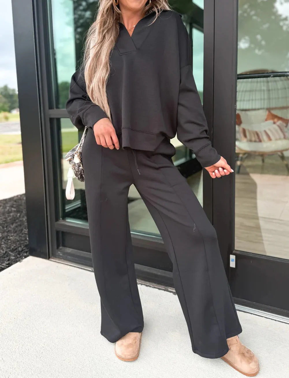 Black Collared Pullover Set