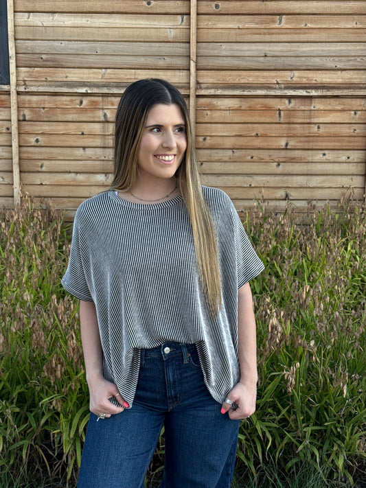 Black Ribbed Oversized Short Sleeve Top