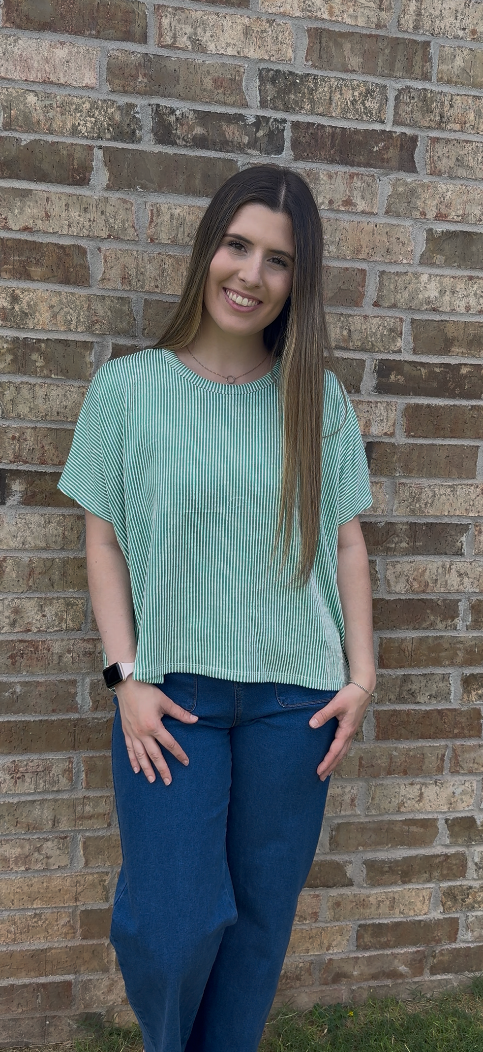 Green Classic Ribbed Striped Top