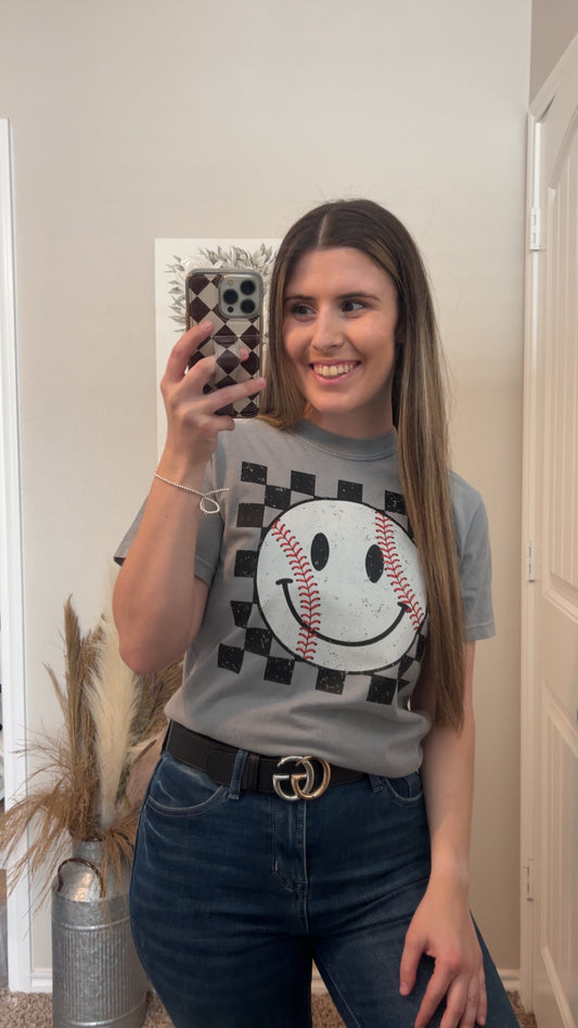 Checkered Baseball Smiley Tee