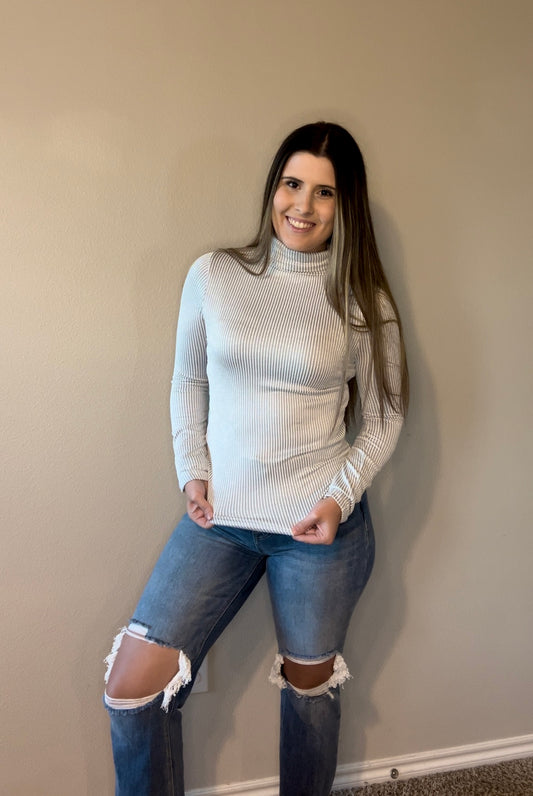 Grey Ribbed Turtleneck Long Sleeve